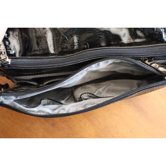 M.C. Patent Leather Blk Gray Faux Gator Print Purse Multiple Compartments Tassel - Picture 15 of 16